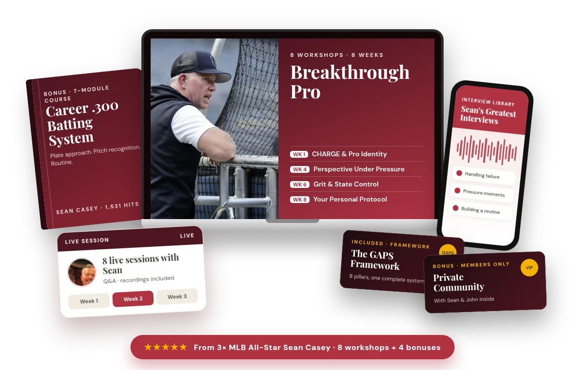 Everything inside Breakthrough Pro: 8 mental-performance workshops with Sean Casey and John Dennis, the Breakthrough Pro Protocol, the GAPS framework, 8 live sessions with Sean, the Career .300 Batting System, Sean’s Greatest Interviews and the private community